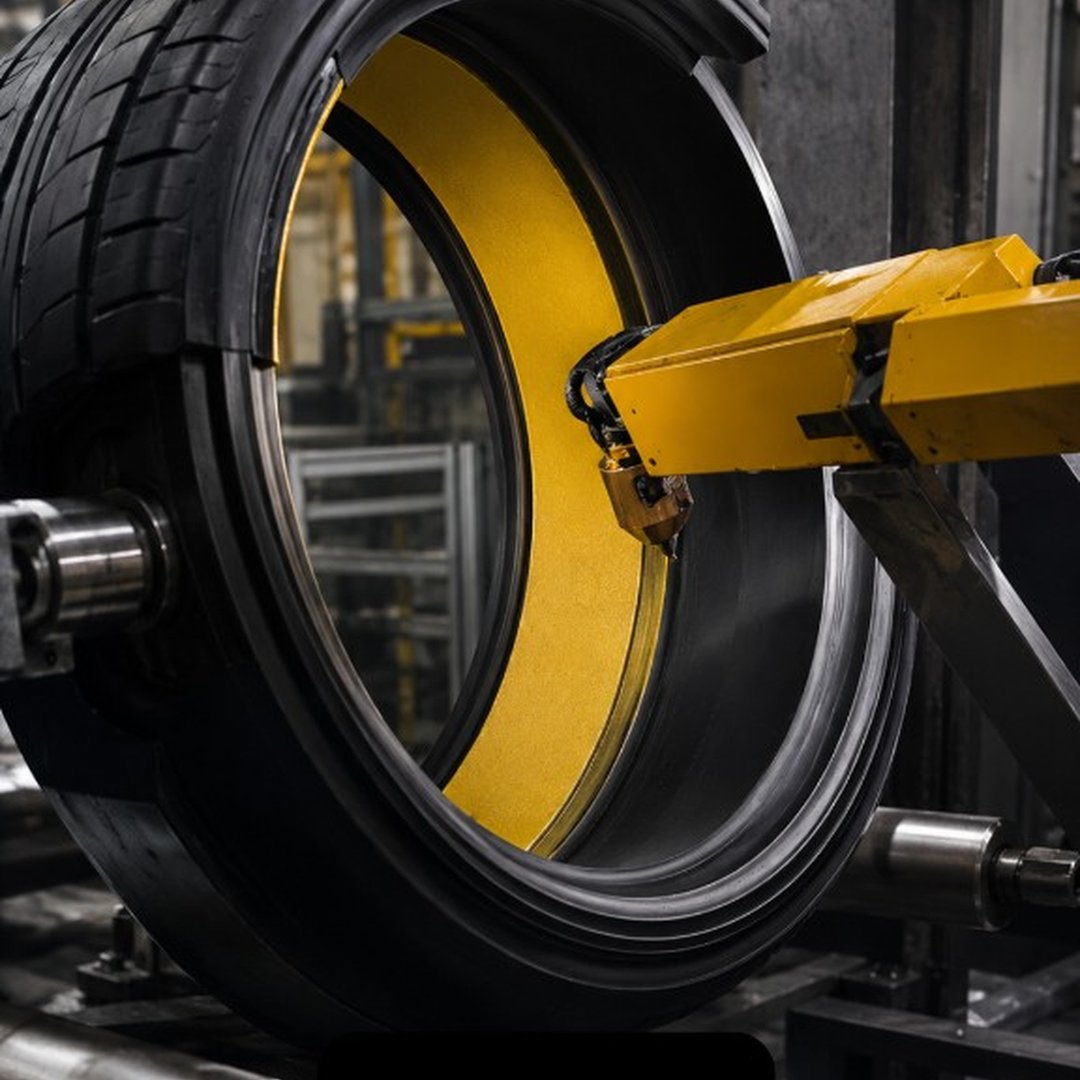 Factory robot applying Tyre Tech sealant inside a tyre