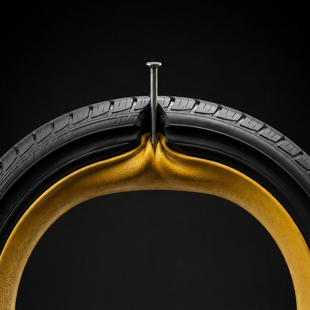 Tyre cutaway with yellow sealant sealing around a nail